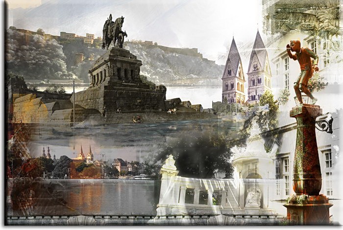 Koblenz Collage in Blau von A. Baecker Leinwandbild
