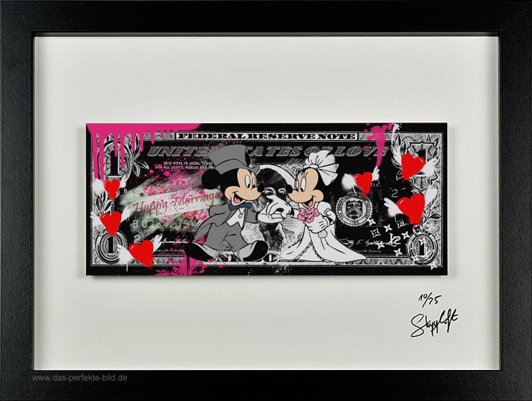 SKYYLOFT - Happy Marriage Hochzeits Dollar - Bild mit Museumsglas und Bilderrahmen