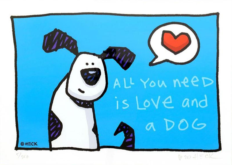 Ed Heck - ALL YOU NEED IS LOVE AND A DOG - original PIGMENTGRAFIK gerahmt