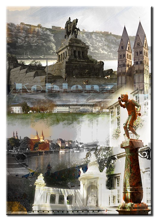Koblenz Collage A. Baecker Leinwandbild mit Schriftzug - Hochformat