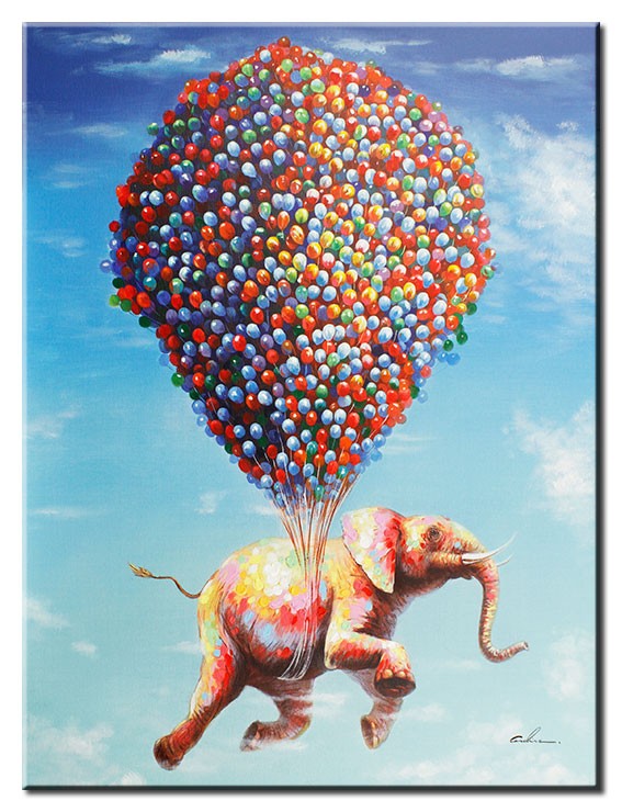 Modernes Leinwandbild - Flying Jumbo - Elefant mit Luftballons - handüberarbeitete Mischtechnik