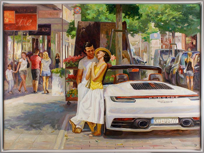 Diego Santos original Gemälde - Amüsantes Gespräch - Porsche - handgemalt
